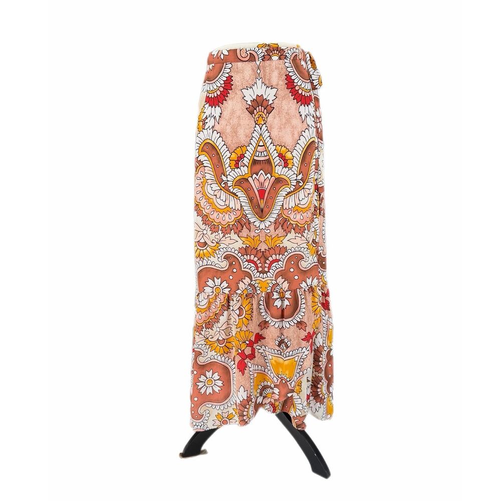 BCBGMaxazria Beige Tan Paisley Boho 70s Retro Hippie Fall Chic Wrap Maxi Skirt